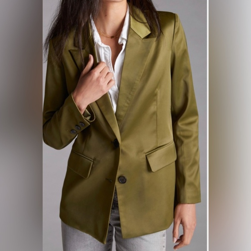 Anthropologie Aves les filles satin effect olive green blazer jacket size medium - Picture 4 of 14